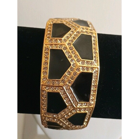 Rachel Leigh Rhinestone Black Enamel Gold Tone Hinged Clamper Bracelet - Picture 1 of 5